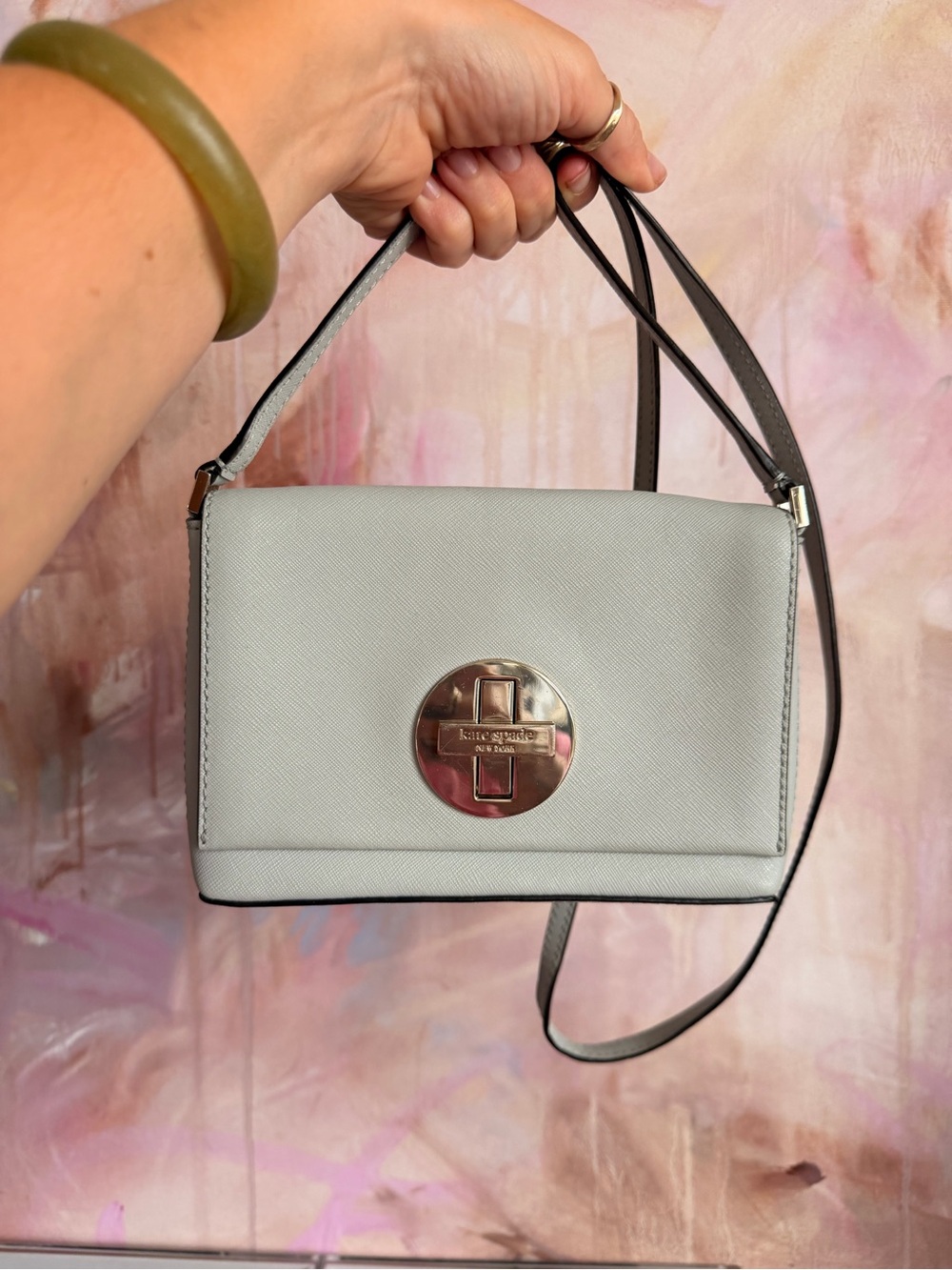 kate spade Blue Gray Leather Shoulder Bag with Gold-Tone Turn Lock
